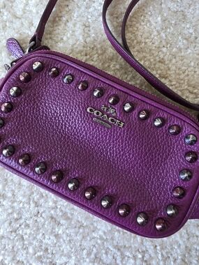Coach Purple Pebbled Leather Studded Compact Crossbody Bag